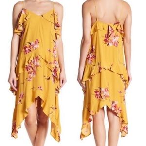 FREE PRESS YELLOW FLORAL RUFFLE MIDI HANDKERCHIEF HEM SUNDRESS NEW S